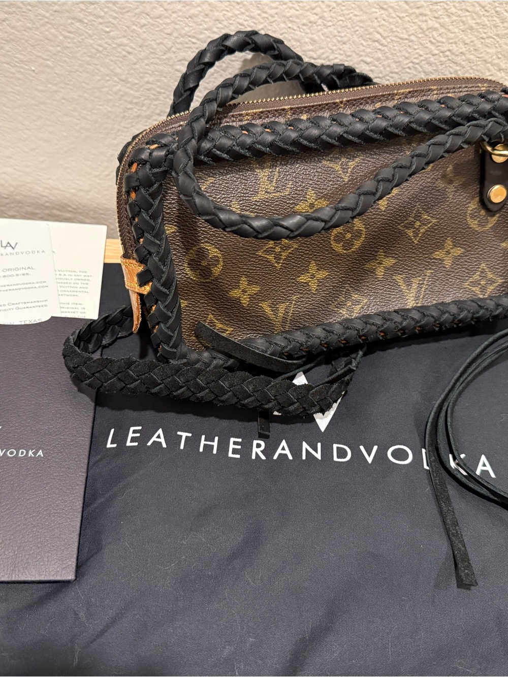 LV Brown Monogram Crossbody w/ Black Braided Strap Upcycled by Leather&Vodka.